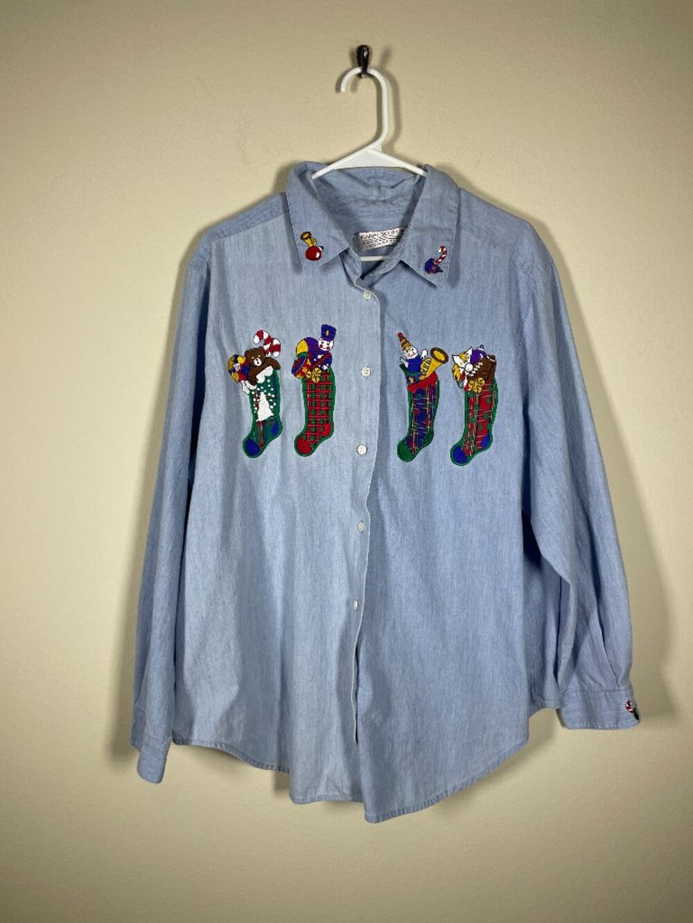 Karen Scott Women's Denim Holiday Embroidered Button-Up Shirt Cotton 2XL